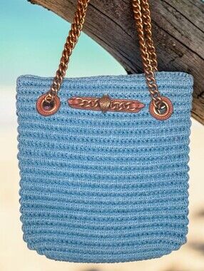 Kurt Geiger London Eagle Head W Crystal Blue Woven Chain-Handle Tote EUC